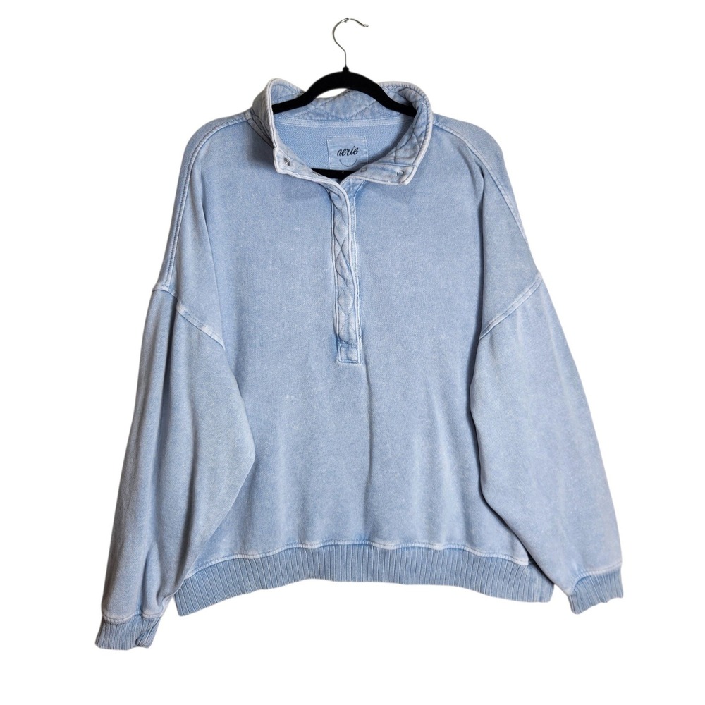 Aerie Women Blue Acid Wash Quilted Mock Neck Snap Pullover Sweatshirt Size L